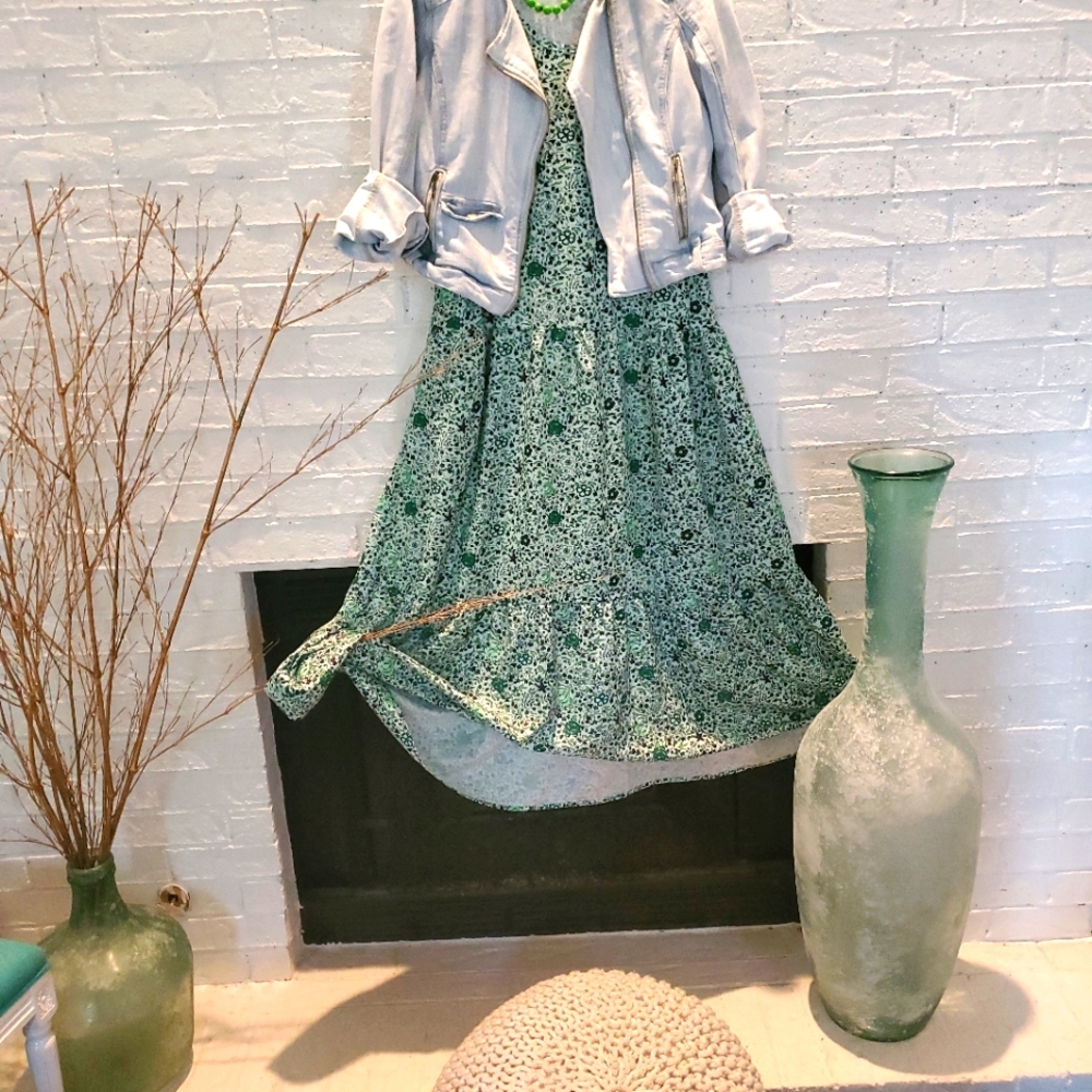 Women Plus Size Green Floral Print Long Peasant Dress